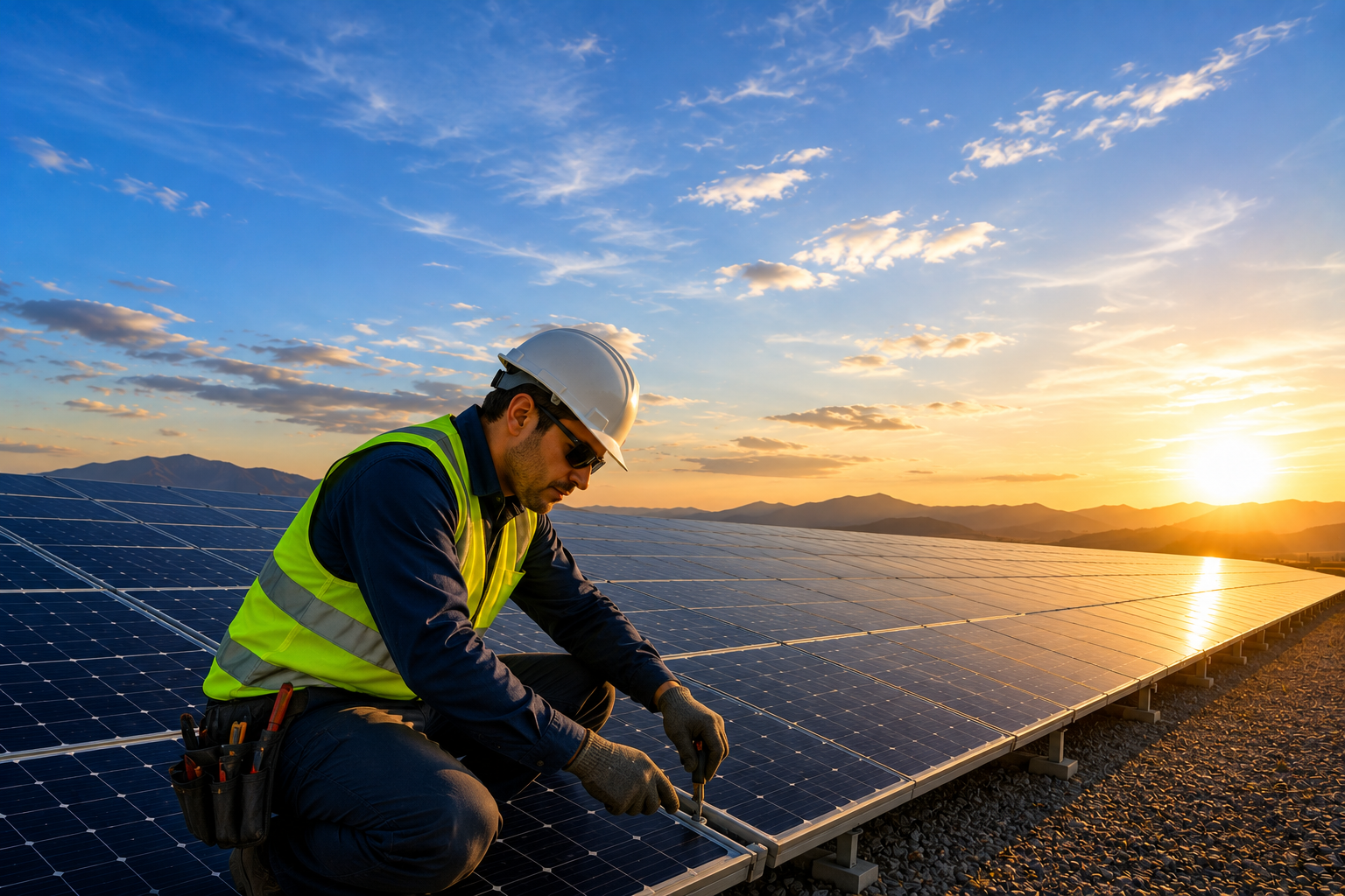 Solar technician installing panels at sunset